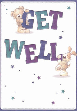 Within this charming get well card, a sense of calm and kindness is woven through playful artistry. Centered on the page, a plush teddy bear perches confidently atop the lettered word 'GET', exuding gentle encouragement, while nearby a sprightly puppy nestles warmly below the bold, jubilant 'WELL'. Their round shapes and expressive faces capture an earnest affection that feels at home in Wealdstone-a spirit you might glimpse during a stroll near Wealdstone Park. The striking combination of deep purple and teal in the hand-painted text infuses visual vitality, while whimsical stars flutter across the pristine white background, scattering hope like well-tended wildflowers. The soft, touchable fur of the bear and the puppy's floppy ears evoke the same care found in a bouquet arranged with healing in mind. Just as local florists pay attention to every petal and leaf, the artist here has imbued each detail with nurturing intention. The card glows with lightness and sincerity-an artistic salve designed to ease the worries of anyone unwell, echoing the comfort offered by Wealdstone Florist's thoughtful service across our beloved Harrow neighbourhood.